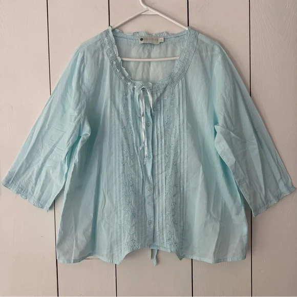 Ella Simone Cotton Pajama Set Sz XL Sky Blue NWOT Embroidered Pintuck Ribbon - Picture 2 of 16